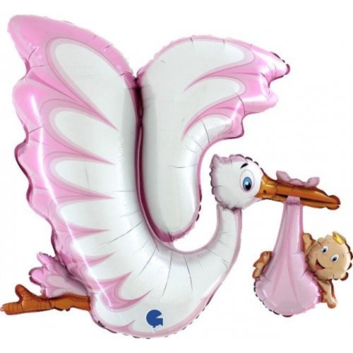 Balloon Foil Supershape Stork Baby Pink 1.3m Ea