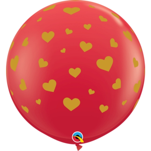 Balloon Latex Jumbo 91cm Random Hearts Red & Gold Ea LIMITED STOCK