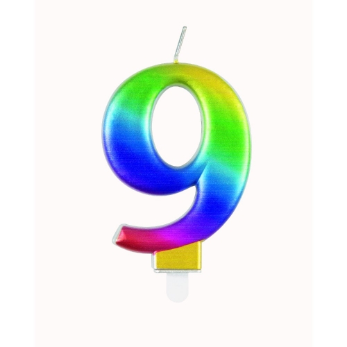 Candle Numeral 9 Metallic Rainbow 8cm Ea