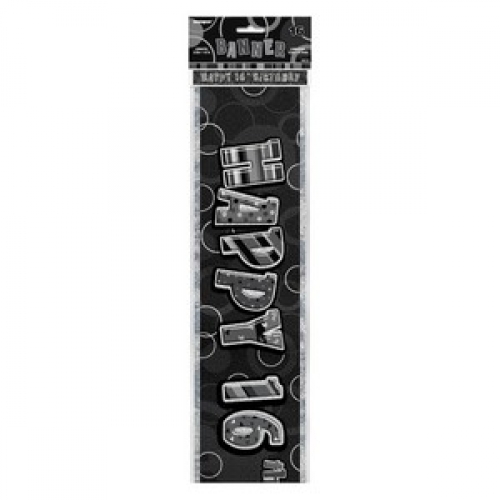 Banner Foil 3.6m Glitz Black Happy 16th Birthday Ea