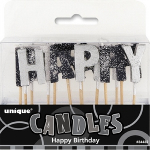 Candle Pick Glitz 2.5cm Happy Birthday Black pk 13