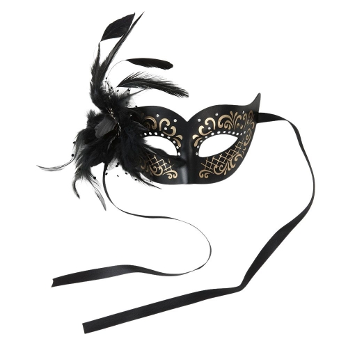 Mask Leather Black with Gold and Feathers Ea LIMITED STOCK
