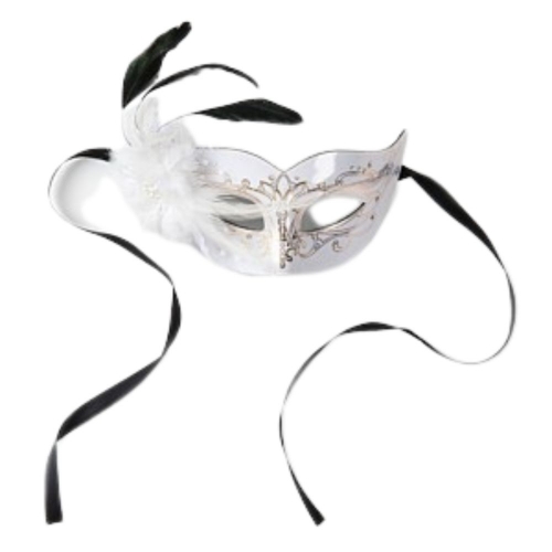 Mask Leather White with Gold and Feathers Ea