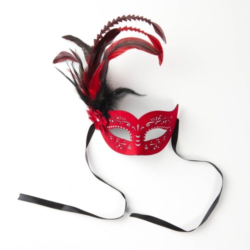 Mask Suede Red with Feathers Ea