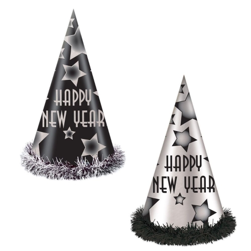Hat Cone New Year Black and Silver 30cm Ea