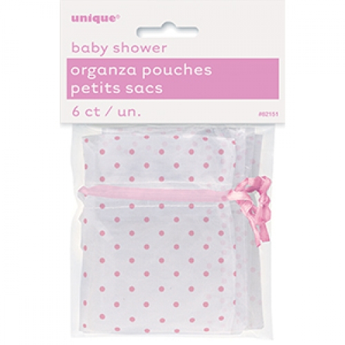 Baby Shower Organza Pouches Pink Dots pk 6 LIMITED STOCK