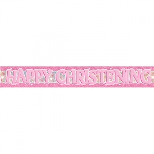 Banner Foil 3.6m Prismatic Happy Christening Pink ea LIMITED STOCK