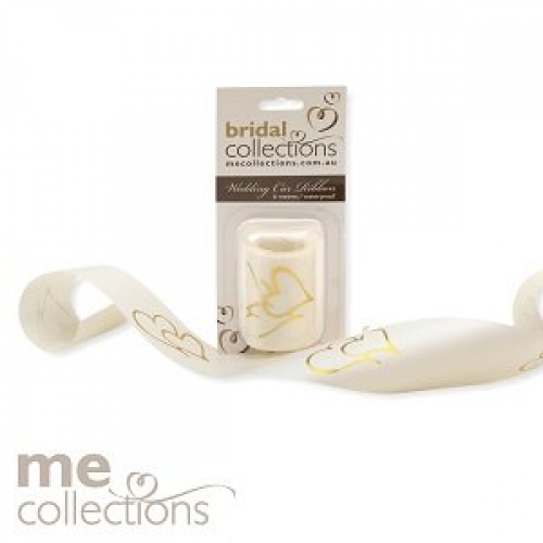 Wedding Car Ribbon Ivory with Gold Heart Embossed 6M Ea LIMITED STOCK