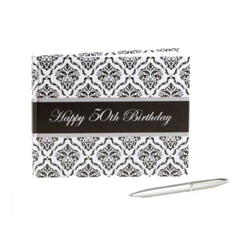 Guest Book 50th Birthday Damask with Pen Ea