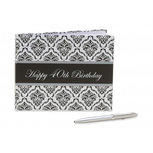 Guest Book 40th Birthday Damask with Pen Ea