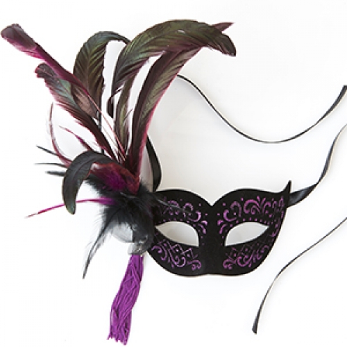 Mask Suede Black and Purple with Feathers Ea