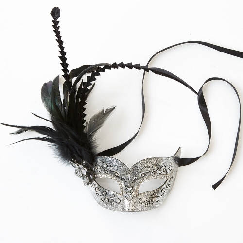 Mask Suede Silver with Feathers and Diamantes Ea