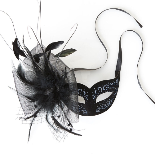 Mask Suede Black and Grey with Feathers Ea LIMITED STOCK