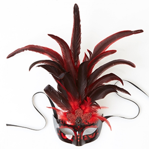 Mask Gloss Plastic Red with Feathers Ea LIMITED STOCK