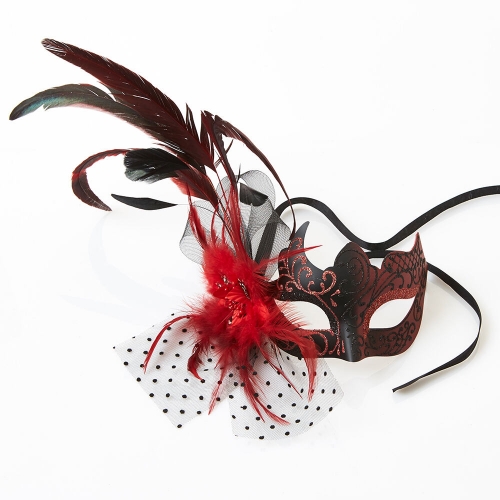 Mask Plastic Red and Black with Feathers Ea