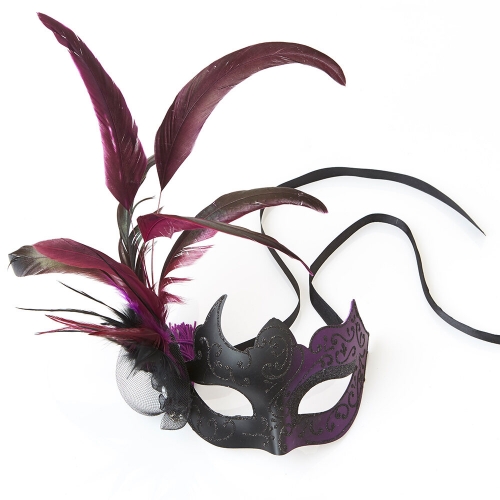 Mask Plastic Purple and Black with Feathers Ea
