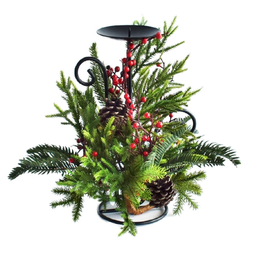 Christmas Candle Holder Pine and Berries 32cm Ea LIMITED STOCK