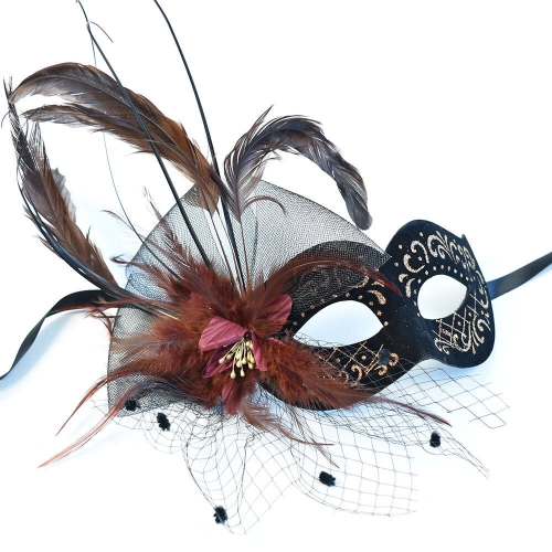 Mask Suede Black with Rose Gold and Feathers Ea