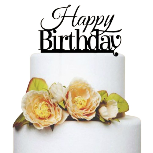 Cake Topper Happy Birthday Black Acrylic 12cm Ea