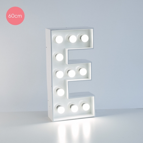 Marquee Letter E 60cm White Metal with Lights HIRE