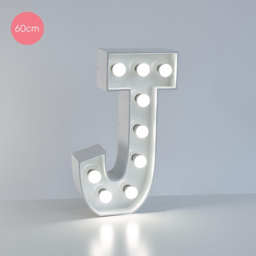 Marquee Letter J 60cm White Metal with Lights HIRE