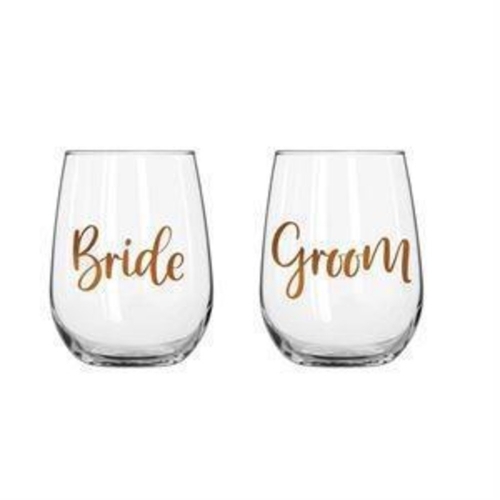 Wine Glass Stemless Bride & Groom 600ml Pk 2