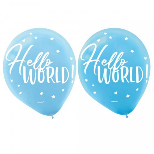Oh Baby Hello World Blue Latex Balloon 28cm Pk 15
