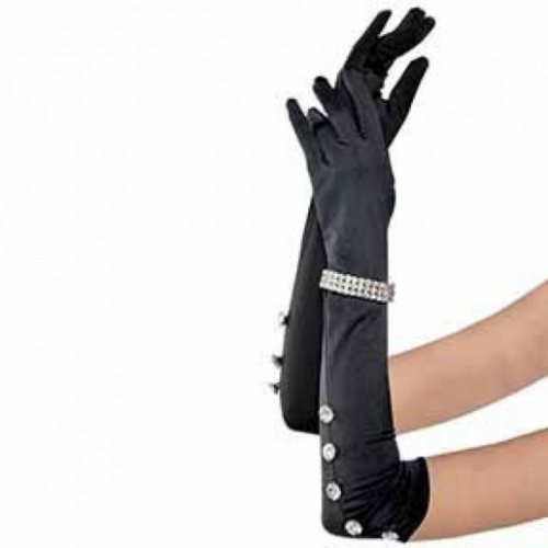 Gloves Satin Black with Rhinestone Bracelet Ea