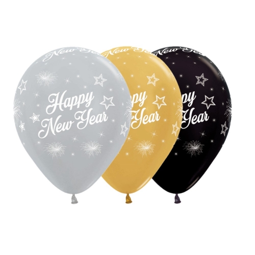 Balloon Latex 28cm New Years Gold, Silver & Black Pk 12