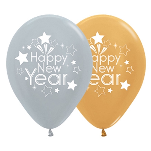 Balloon Latex 28cm Happy New Year Gold & Silver PK 25