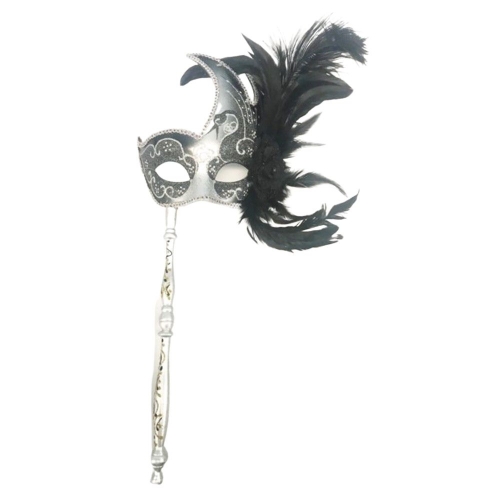 Mask Silver & Black with Feathers and Handle Ea