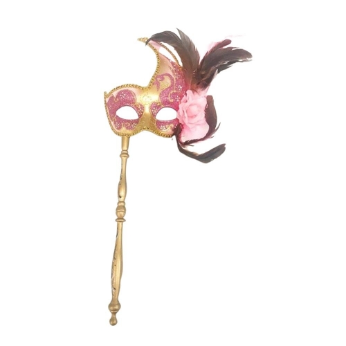 Mask Gold & Pink with Feathers and Handle Ea