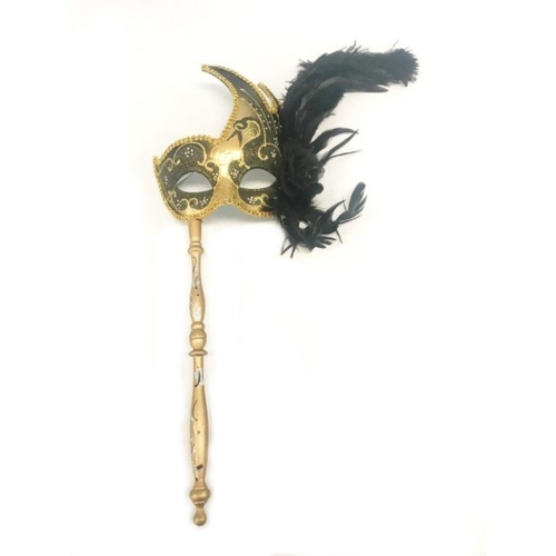 Mask Gold & Black with Feathers and Handle Ea
