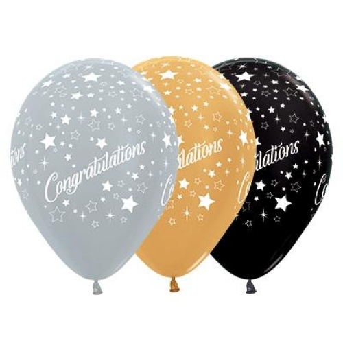 Balloon Latex 28cm Congratulations Silver, Gold & Black Pk 25