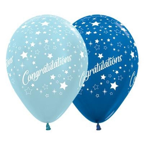 Balloon Latex 28cm Congratulations Blues Pk 25