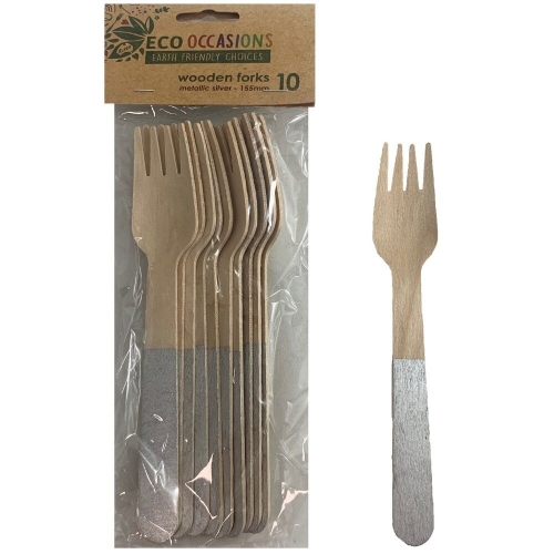 Fork Wooden Silver Pk 10 CLEARANCE