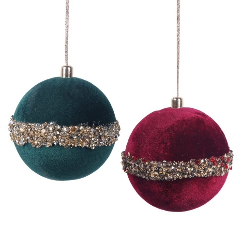 Christmas Balls Velvet Burgundy & Green Assorted 10cm Ea