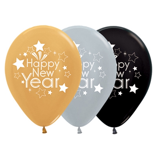Balloon Latex 28cm Happy New Year Gold, Silver & Black PK 25