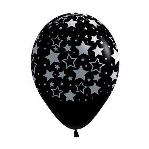 Balloon Latex 28cm Black Metallic Stars PK 25