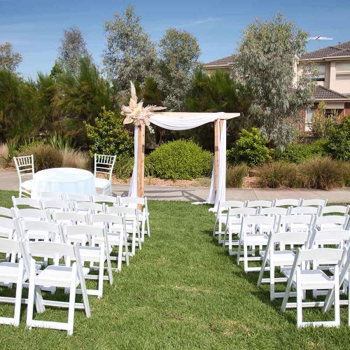 Wedding Ceremony Pak1 Portsea, Arbour with Draping, Floral Piece,Chairs, and Sig