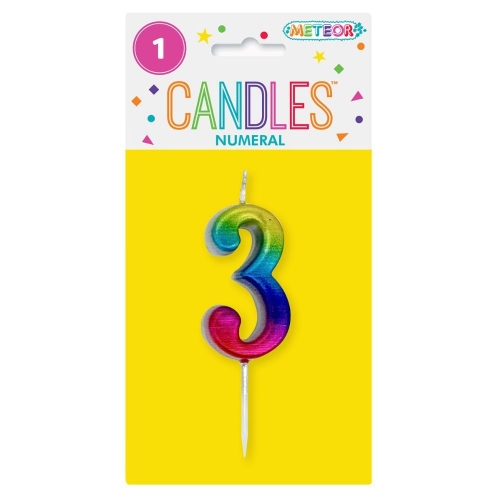 Candle Pick Numeral Mini 3 Rainbow 8cm Ea