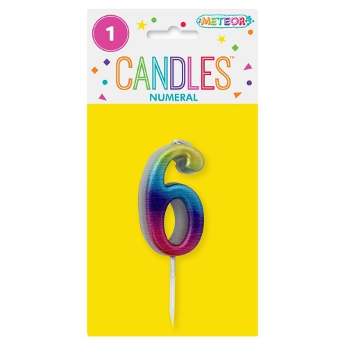 Candle Pick Numeral Mini 6 Rainbow 8cm Ea